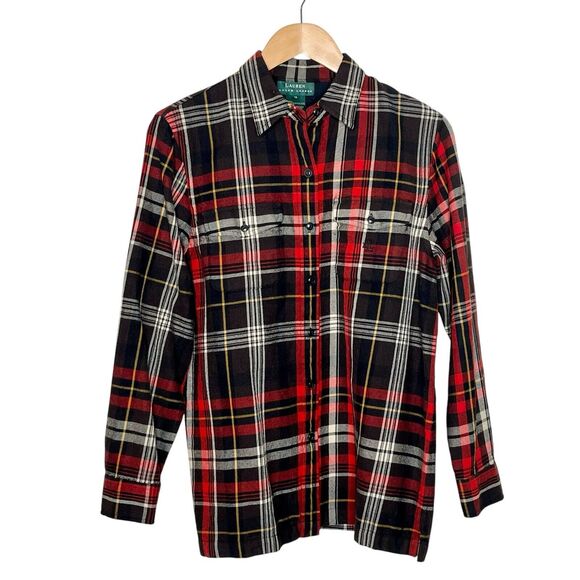 Lauren Ralph Lauren Worsted Wool Plaid Button Up Shirt Red Black Brown Womens M - Picture 1 of 10